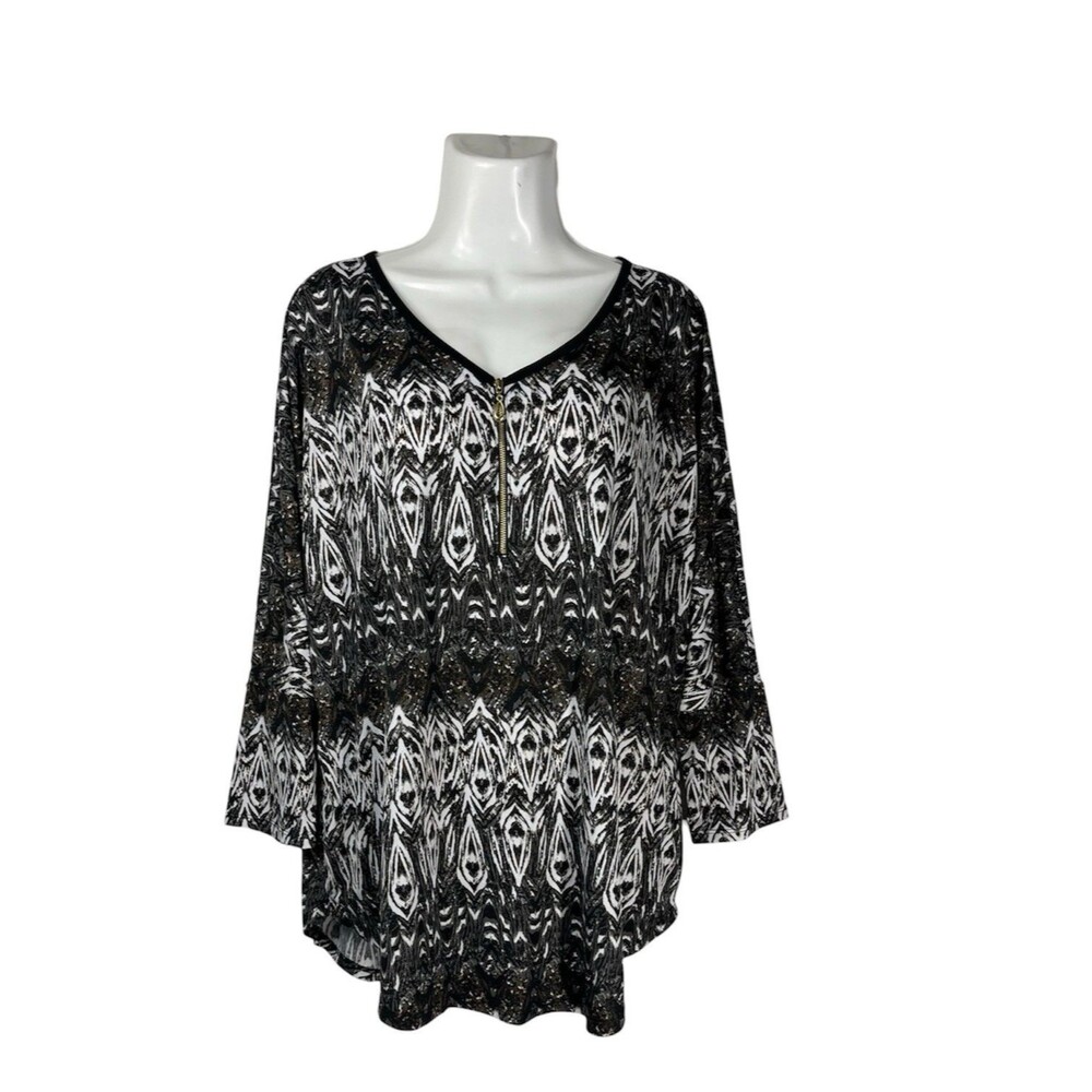 Cato Women XL Tunic Shirt Black White Geometric V-Neck Zip Pullover 3/4 Sleeve